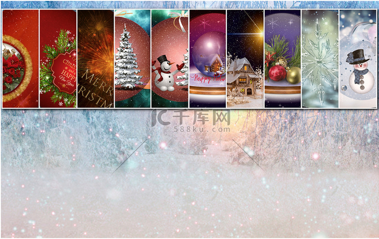 冬季森林背景下十幅圣诞图像的拼