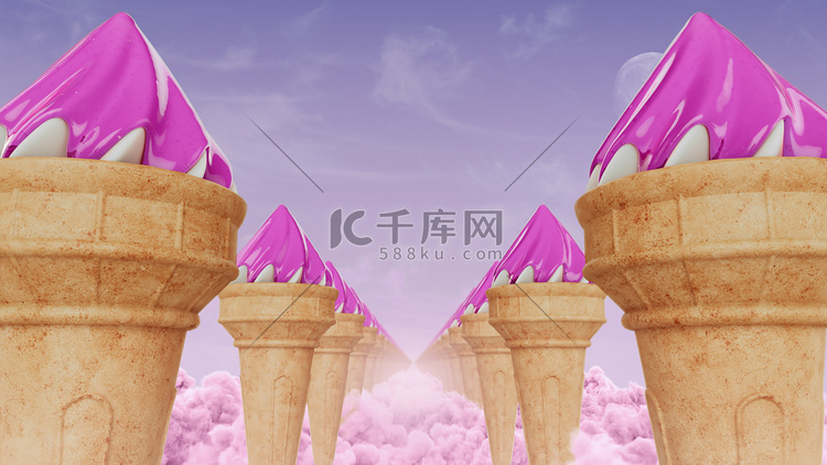粉红云上冰淇淋走廊的 3d 渲染