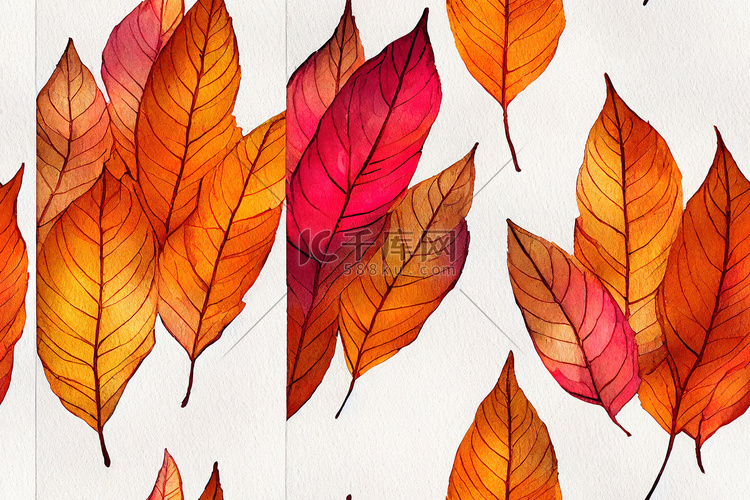 无缝秋季图案与手绘水彩叶子和