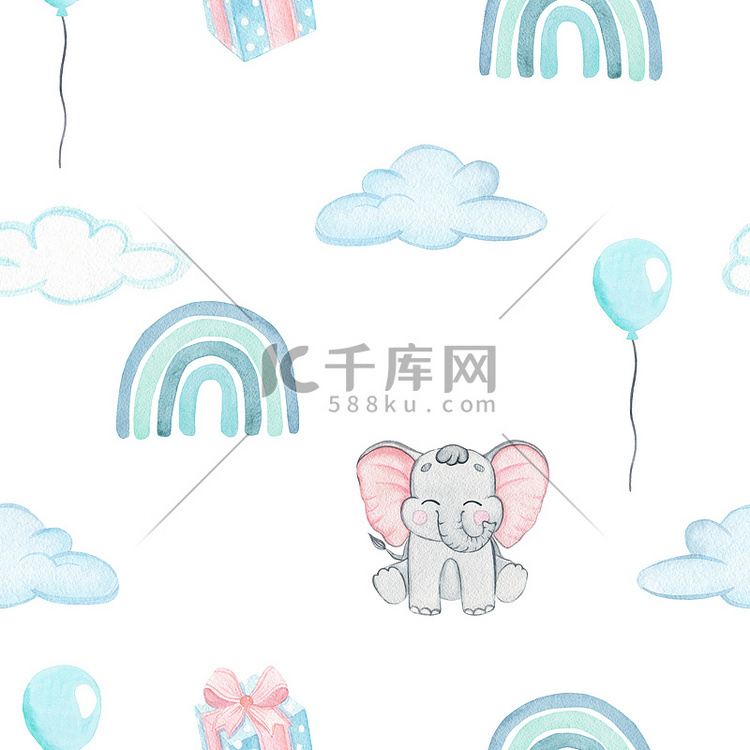 水彩蓝色彩虹和大象在白色背景上