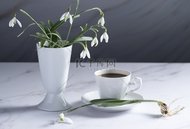 静物，春天的白色雪花莲和瓷杯