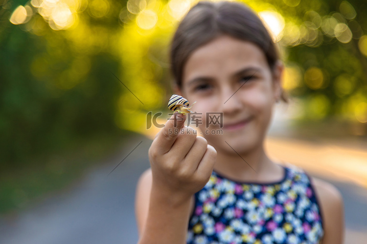 一个孩子正在公园里研究蜗牛。
