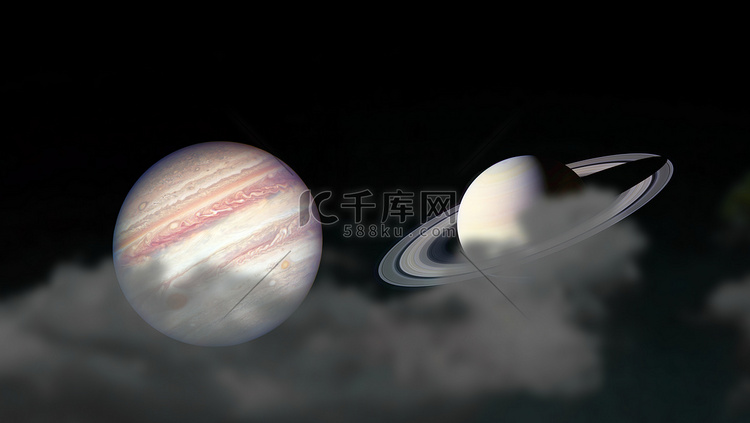 土星和木星升起剪影山和夜空上的