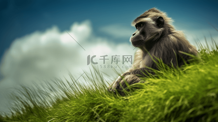 一只猴子坐在长满草的山顶上眺望