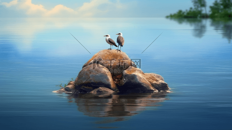 两只鸟正坐在水中石头上看风景