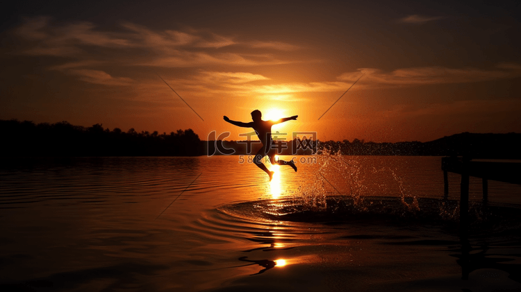 日落时在水面上跳跃的人物剪影4