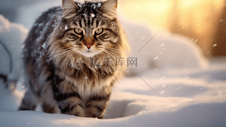 雪地里一只长毛猫正面特写2