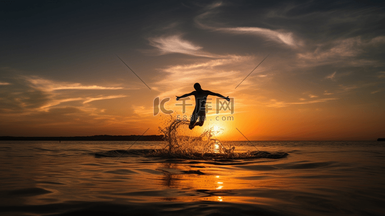 日落时在水面上跳跃的人物剪影2