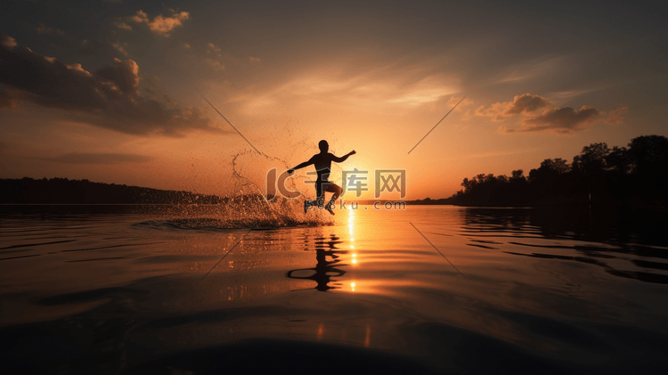 日落时在水面上跳跃的人物剪影3