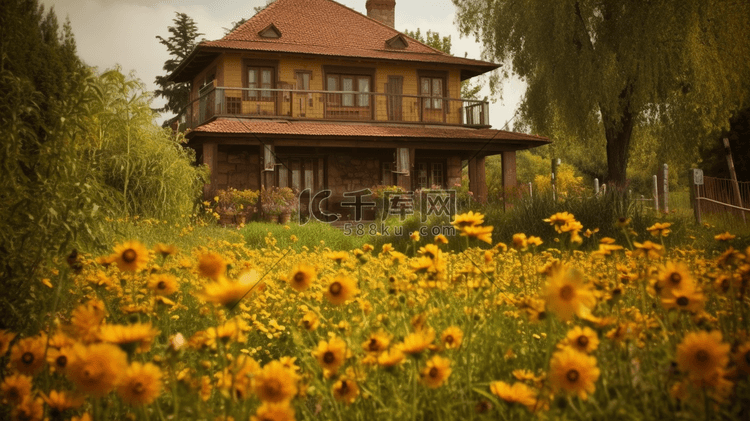 黄色的花瓣和棕色的房子