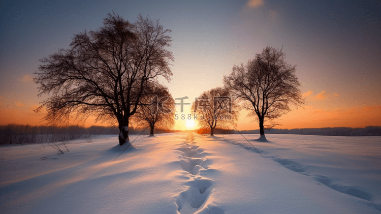 日落时积雪覆盖的地面上的树