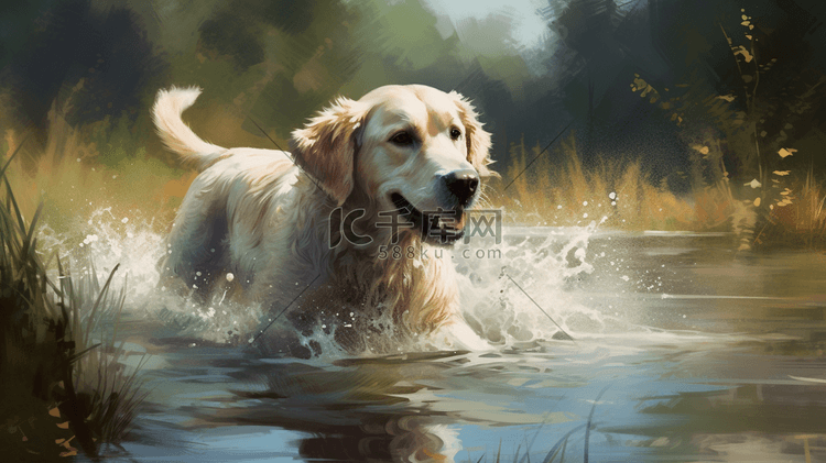 可爱的狗狗在池塘玩耍
