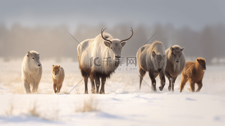 动物在白雪覆盖的田野上行走