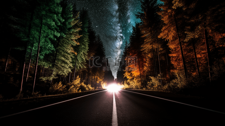 夜间树木间道路的延时摄影