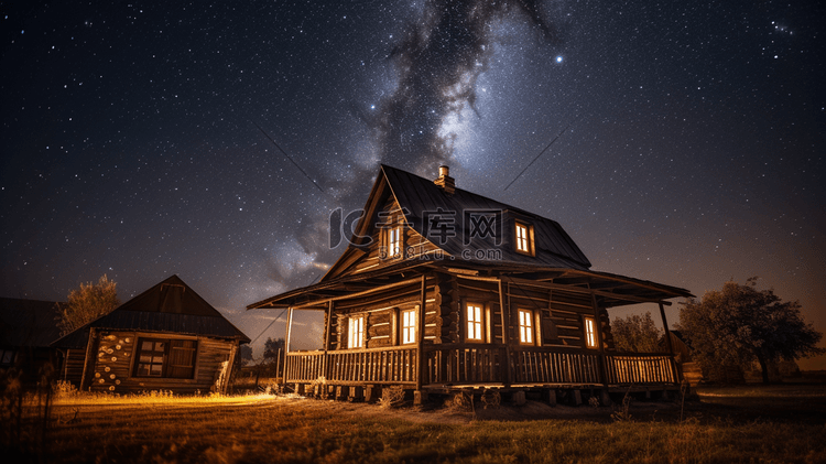 星夜下的棕色木屋