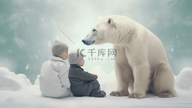 两个男孩看着棕白色的北极熊