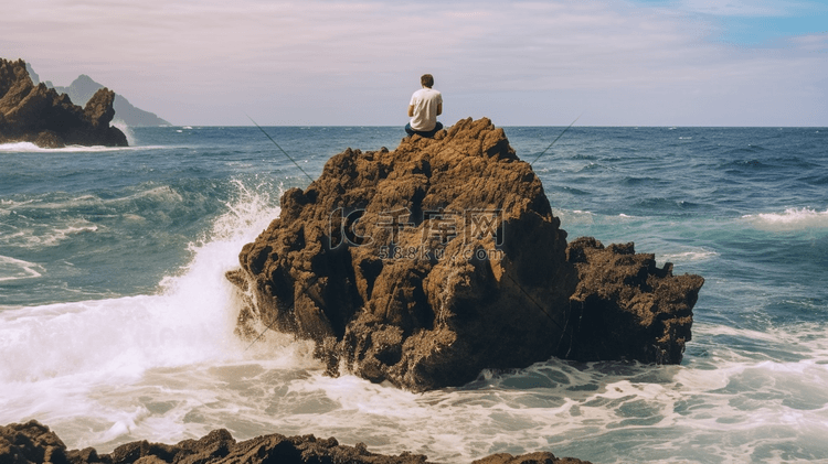 坐在岩石旁的人穿过海浪撞击岩石