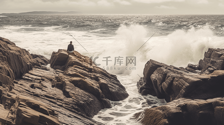 坐在岩石旁的人穿过海浪撞击岩石