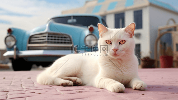 一只白色的猫躺在一辆汽车旁边的