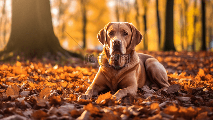 白天在地面上的狗，树叶是棕色的