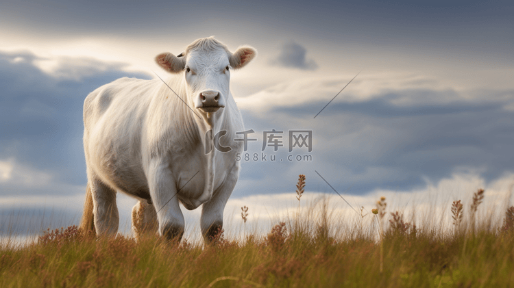 一头白色的奶牛站在长满草的田野