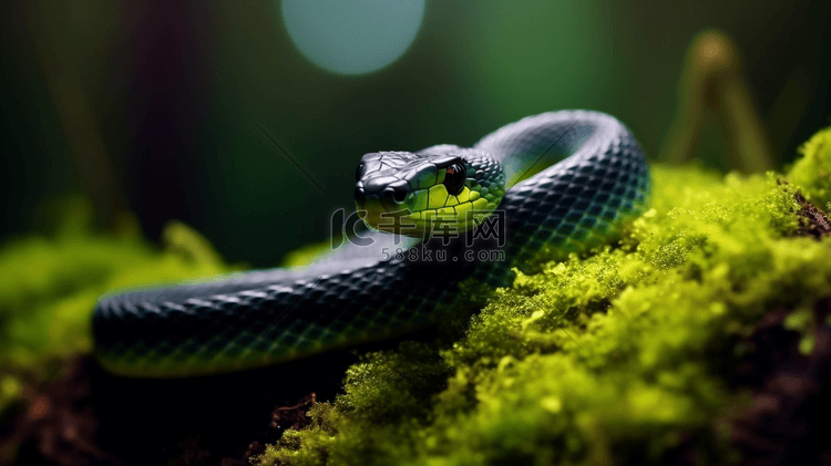 绿色苔藓上的绿蛇和黑蛇
