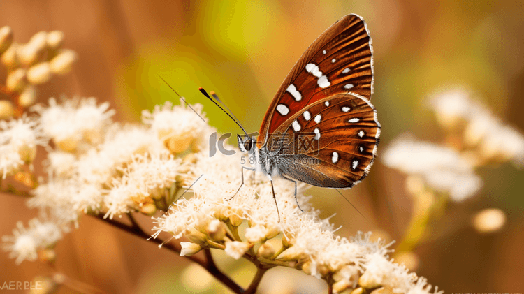 棕色和白色的蝴蝶栖息在棕色的植