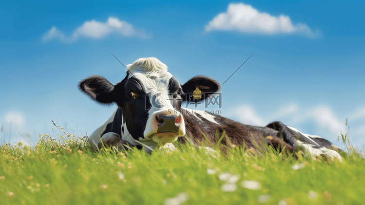 一头奶牛躺在长满草的小山上