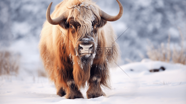 雪地上的棕色牦牛