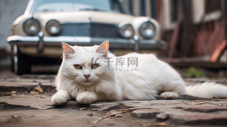 一只白色的猫躺在一辆汽车旁边的