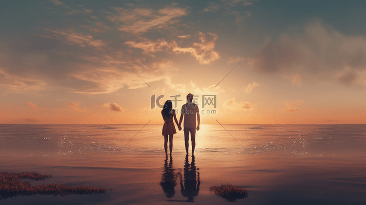 唯美夕阳下沙滩上的情侣背景3