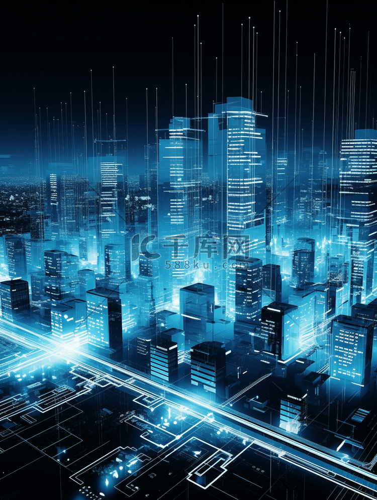 3D立体蓝色科技感光感城市建筑