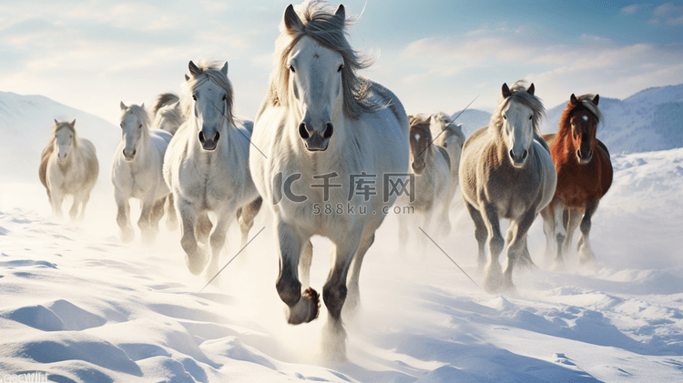 雪地上飞奔的马群2