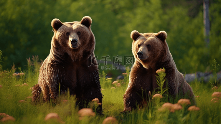 两只熊坐在草丛里
