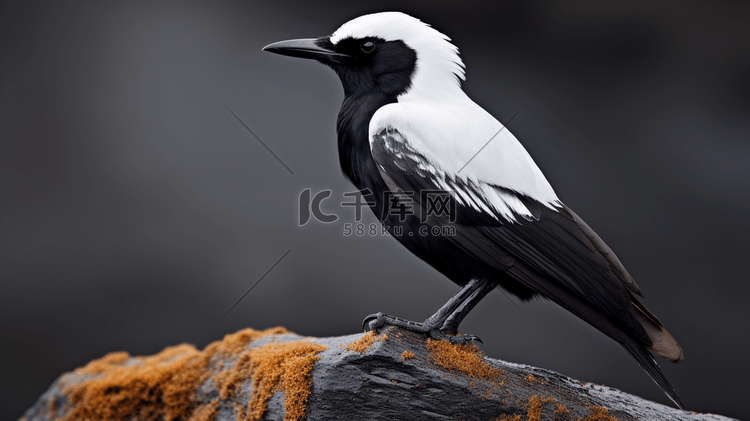 黑岩石上的黑白相间的鸟