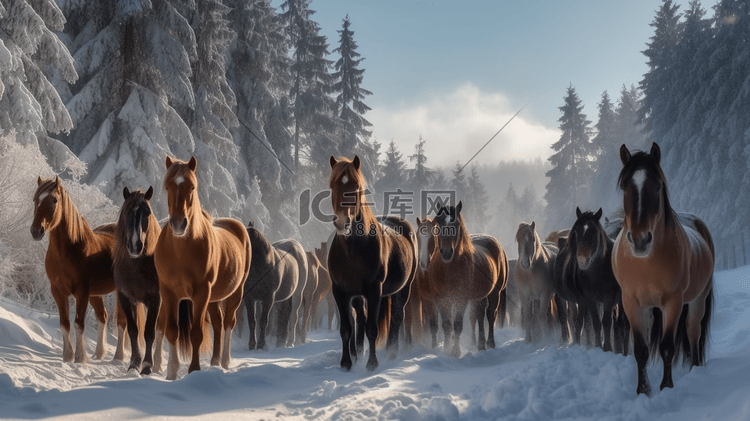 站在雪地里的一群马