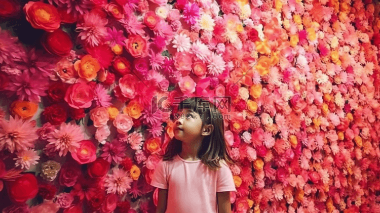 花瓣墙边上的一个小女孩
