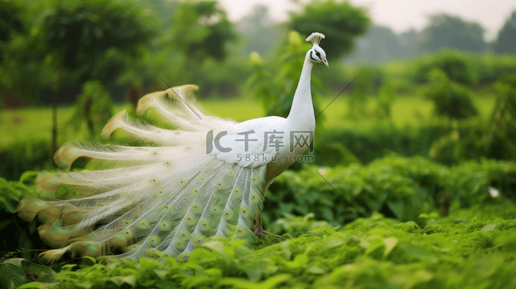 一只白色的孔雀站在郁郁葱葱的田