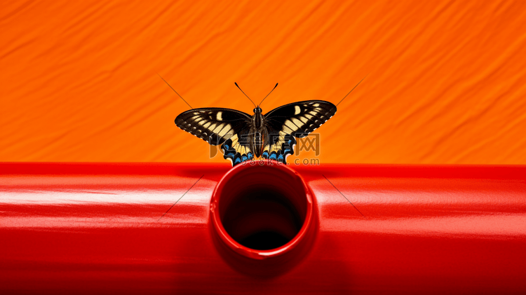 蝴蝶坐在红色烟斗的顶部