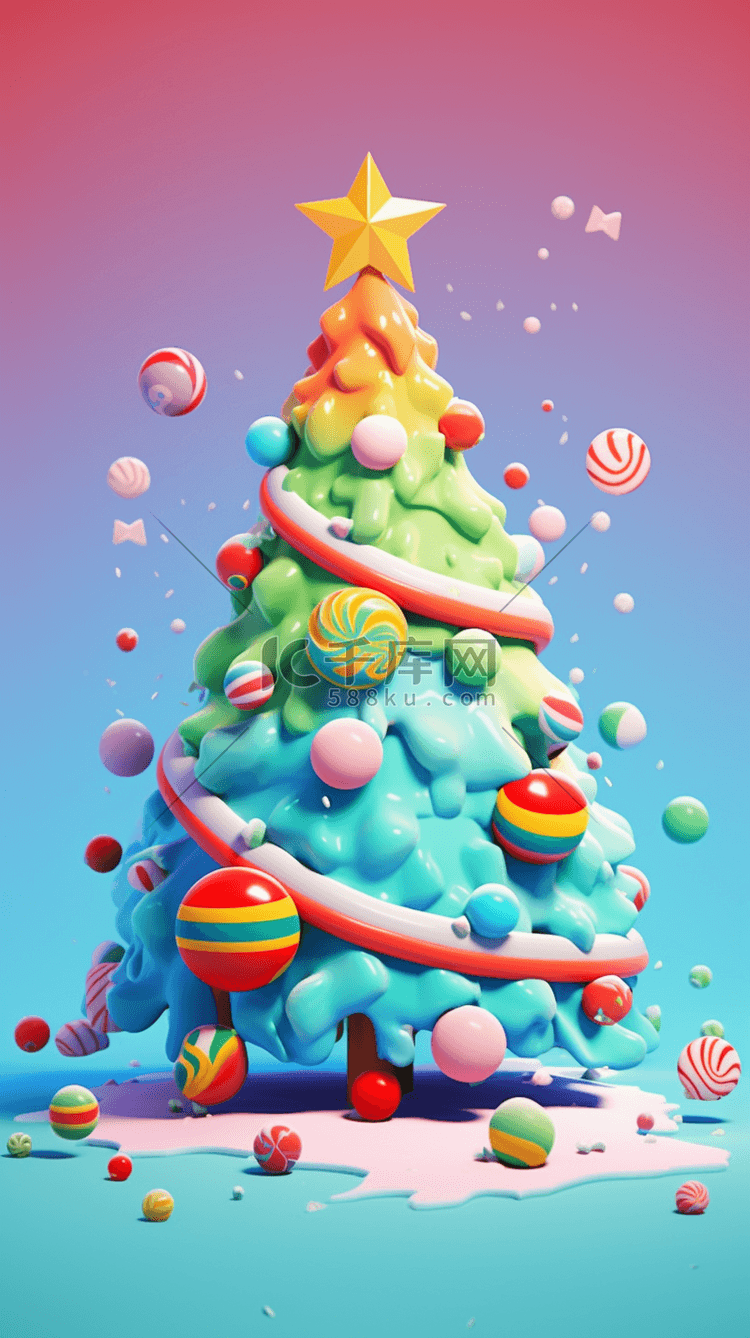 3D立体彩色糖果圣诞节雪地里的