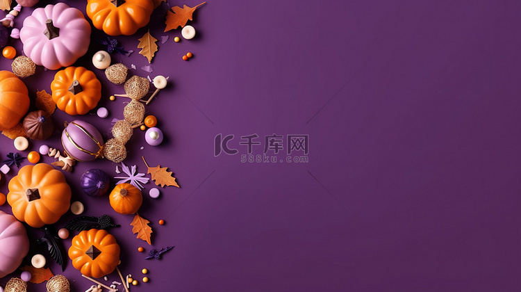 万圣节南瓜秋叶玉米糖紫色背景图