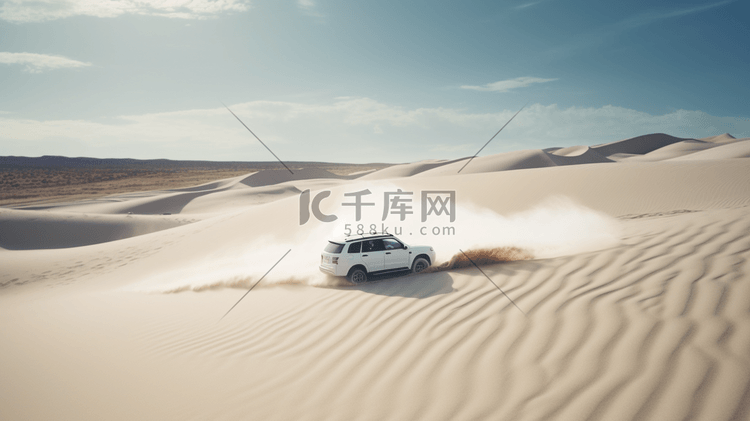 一辆白色越野车在沙漠中高速行驶