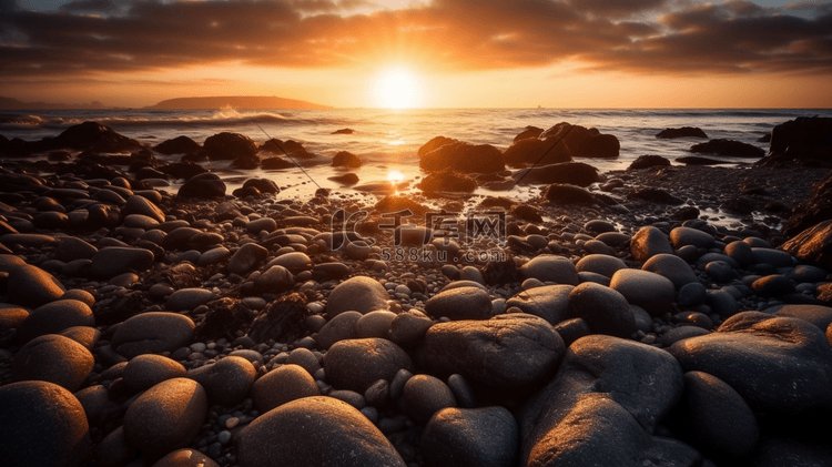 太阳正在多岩石的海滩上落山