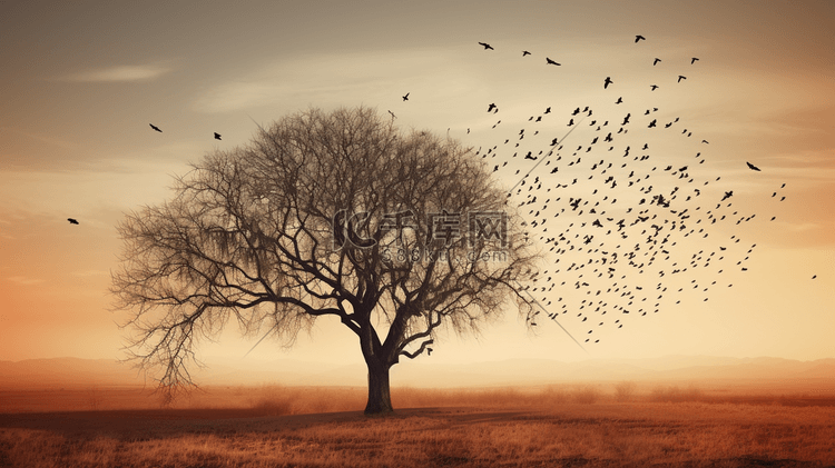 一棵没有叶子的树鸟儿在天空中飞