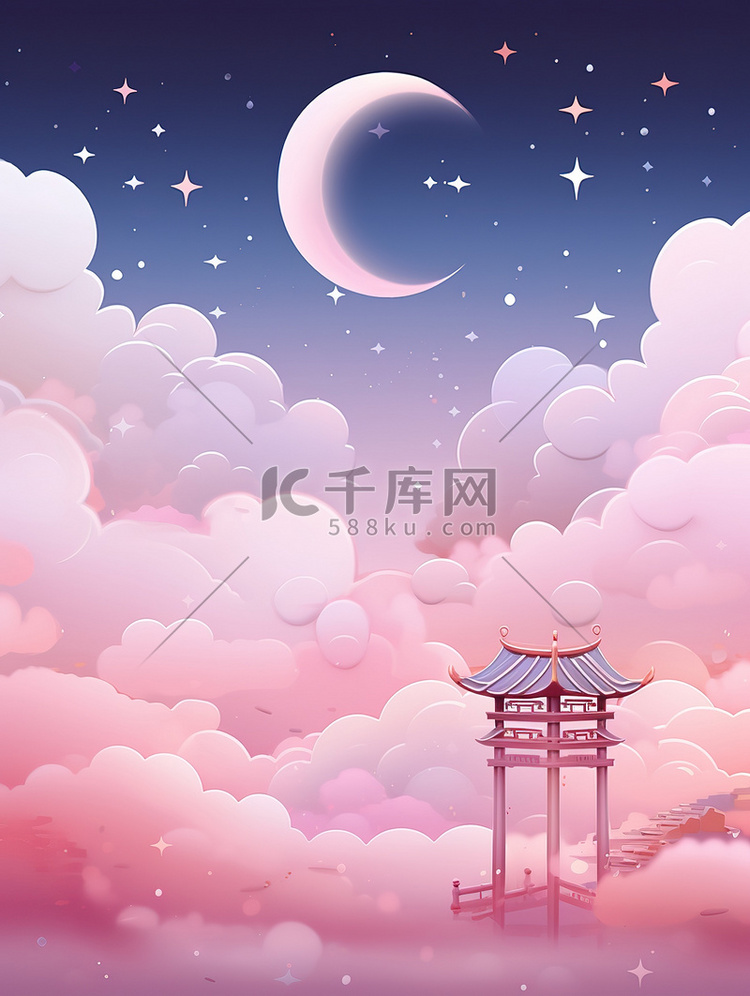 喜鹊云拱桥古建筑七夕粉色背景13