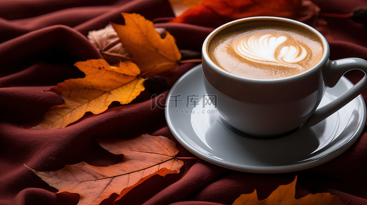 秋叶毯子上的一杯咖啡背景10