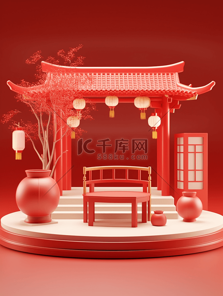 红色春节新年展示台背景中国风建