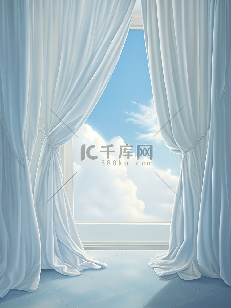 白色窗帘蓝色天空淡淡云朵背景17