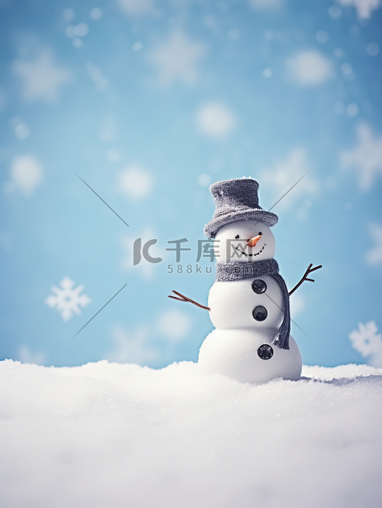 冬天节气一个雪人站在蓝色背景6