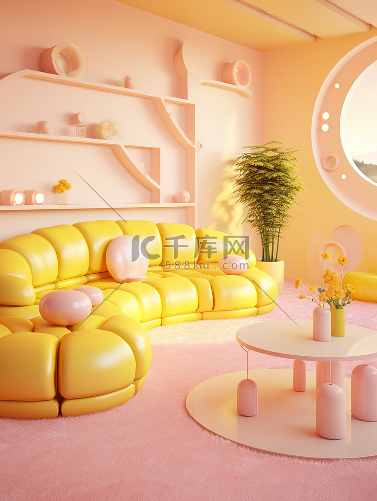 粉彩房间粉黄色家具背景6